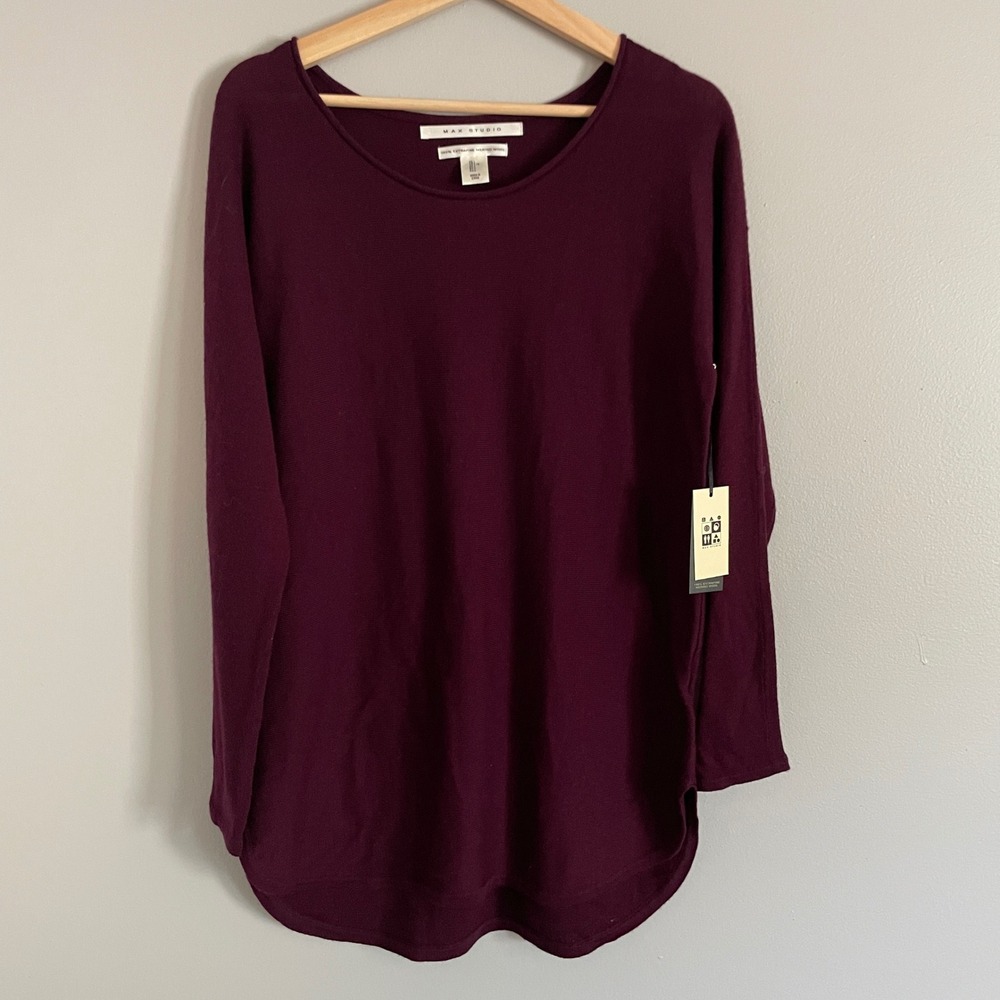 Max Studio Sweater Womens Large Purple Merino Wool High Low Hem Minimalist